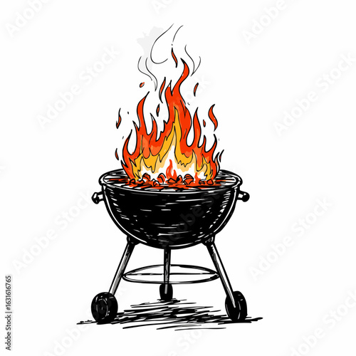 Grill fire featuring orange flames on a black kettle barbecue provides a visual representation of grilling. Grill fire blazes against a white background,