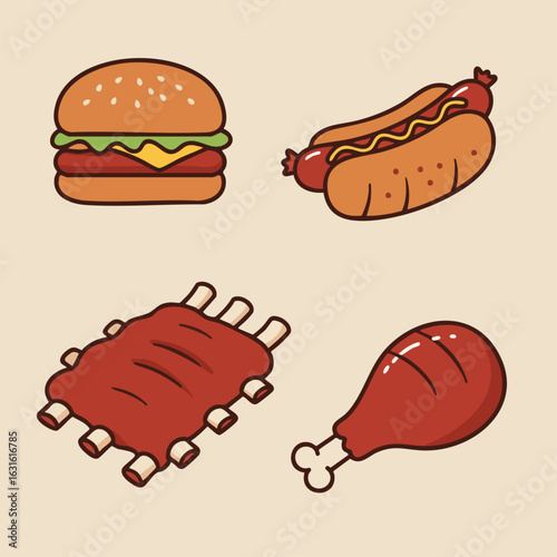 Illustrated fast food featuring cartoon burger, ribs, chicken, and hot dog arranged on plain background. Fast food includes a hamburger, rack of ribs, and drumstick,