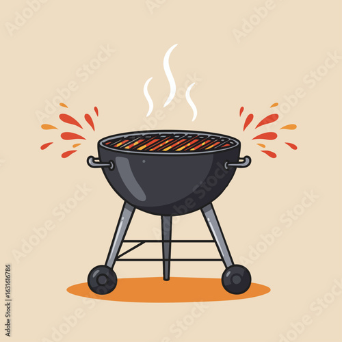 Outdoor grill with smoky barbecue on bright background. Preparing an outdoor grill includes hot coals, cooking fire, and festive sparks.