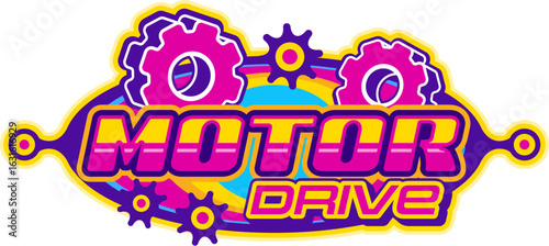 Car race, motor drive retro Y2K icon or sign. Rally motorsport Y2K vector symbol, drag race grand prix emblem. Formula 1 championship Y2K icon with gear cog wheels and vintage colorful typography