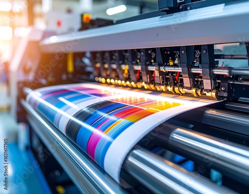 Large-format printer in action, printing vibrant color test strips