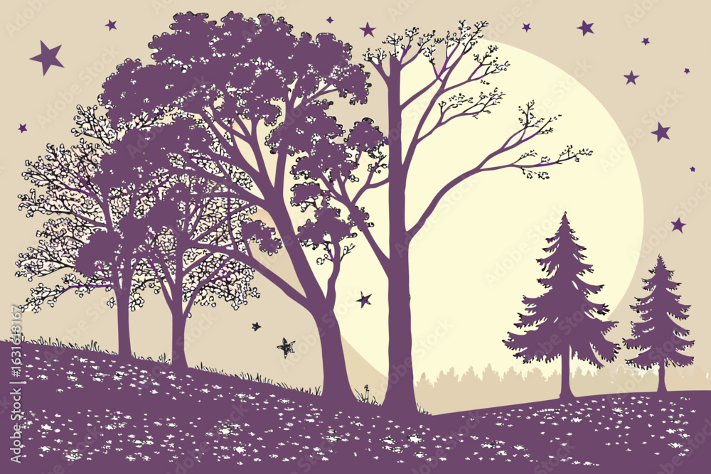 Obraz premium Silhouette of trees and stars against a large moon with a field of flowers in a serene night landscape