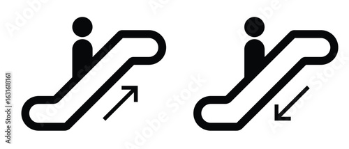 Escalator elevator icon. Up and down escalator Sign AIGA, Escalator black liner icon collection. Vector illustration.