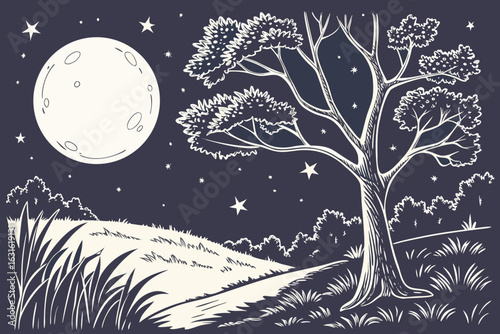 Illustration of a night landscape with a full moon shining over a tree and grass covered hills and stars