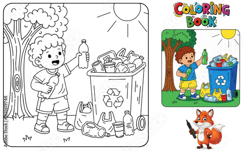 Boy recycling plastic bottles in nature for coloring book concept  