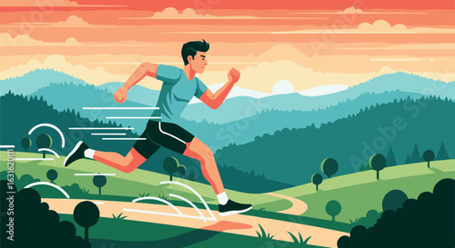 Man jogging vigorously across scenic mountain trail at sunset.