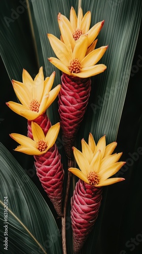 Wallpaper Mural Vibrant yellow flowers blooming from red ginger plants in lush greenery Torontodigital.ca