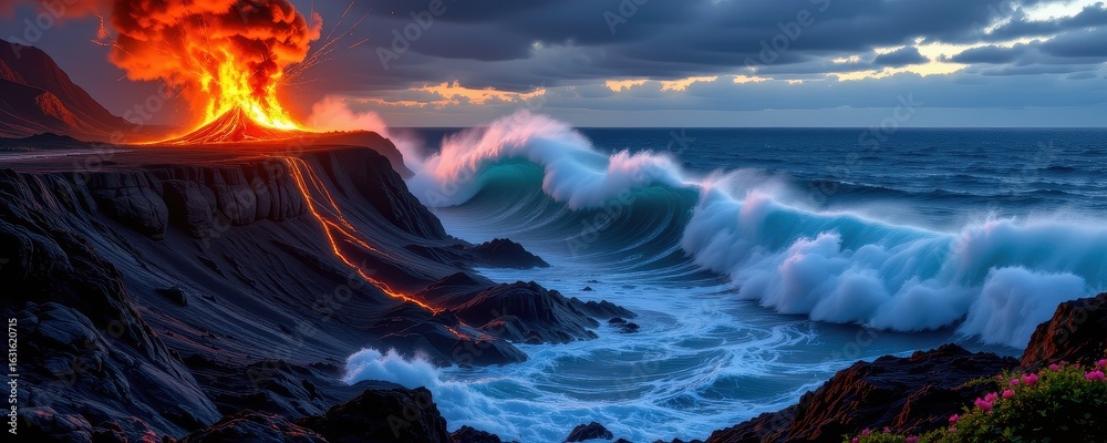 Naklejka premium volcanic eruptions under or near oceans can cause tsunamis by displacing water rapidly especially if the eruption leads to caldera collapse or pyroclastic flow into the sea