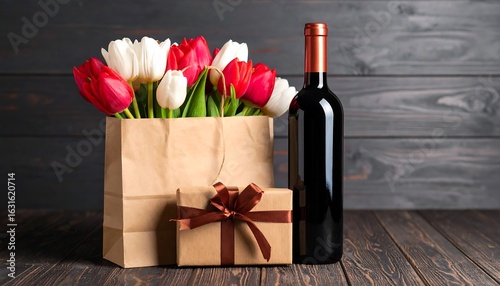 Wallpaper Mural Romantic gift set Tulips with wine bottle, and present on a wooden table, and closeup. Torontodigital.ca