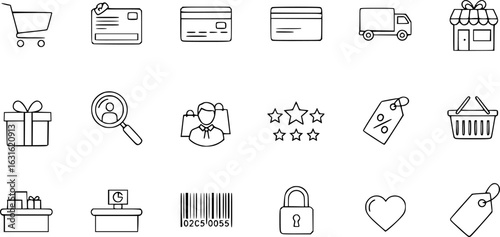 a set of e-commerce icons, shopping, simple, outline, icons, grid

