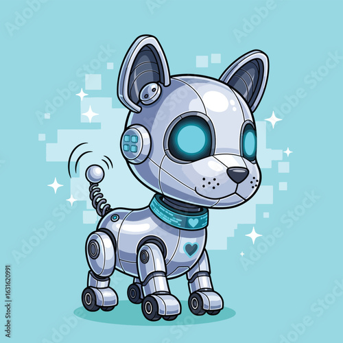 Adorable silver robotic puppy with glowing blue eyes a wagging tail and wheeled feet.