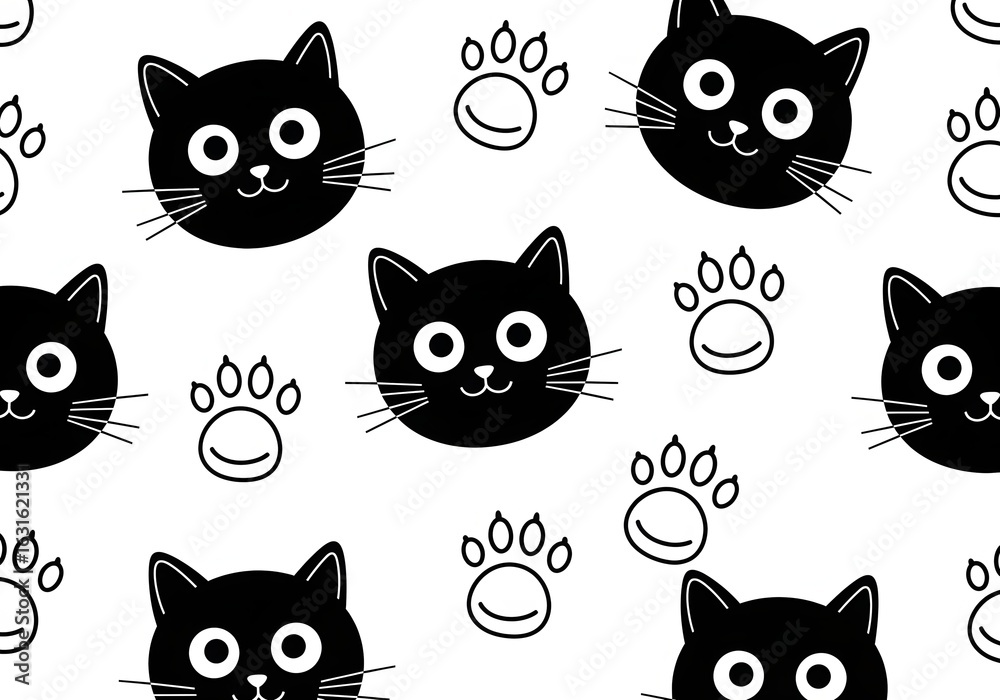 Obraz premium Playful Black Cat Pattern Whimsical Feline Heads and Paw Prints on White Background