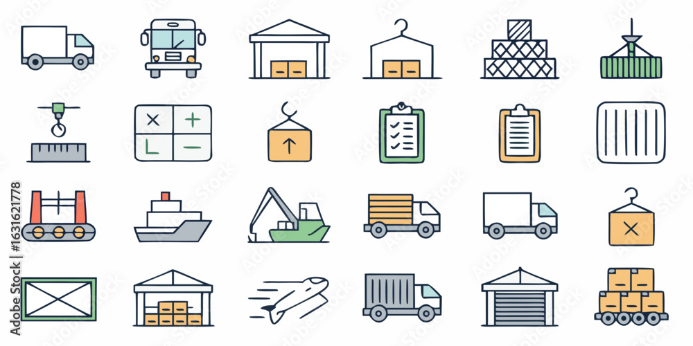 Editable Outline Vector Icons of Logistics, Warehousing, and Industrial Operations Editable Outline Vector Icons of Logistics, Warehousing, and Industrial Operations