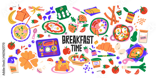 Hand drawn breakfast food set. Healthy ingredients. Eggs, berries, yoghurt, tomato, mushrooms, butter, beans, sugar. English breakfast ingredients. Cartoon doodle vector flat illustration