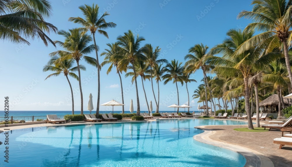 Obraz premium Tropical luxury beach resort pool with palm trees umbrellas lounge chairs. Crystal blue water meets ocean horizon. Perfect vacation getaway, peaceful relaxation, summer seaside escape.
