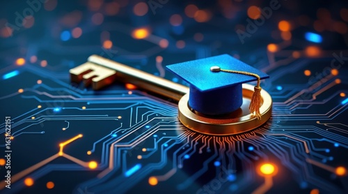 Golden key unlocks digital education with graduation cap on circuit board