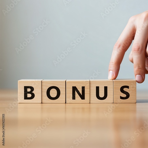 Wooden Blocks Spelling Bonus with Finger on Top in Soft Light