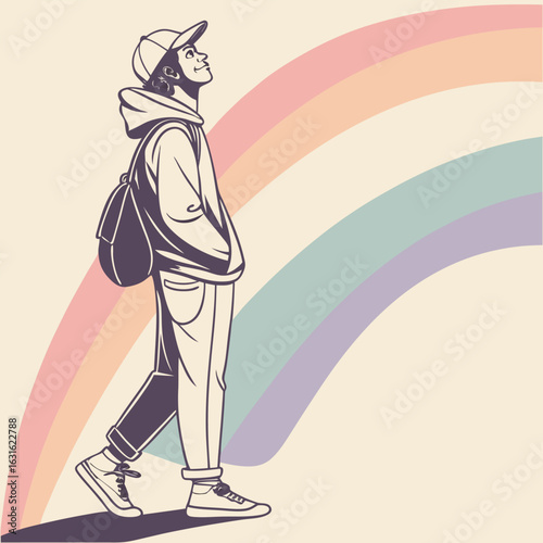A person with a backpack looking up at a rainbow with a cap and hoodie in a stylized illustration