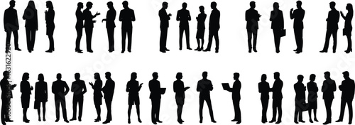 Silhouettes of business people in conversation, professional team meetings, office collaboration, corporate teamwork, business communication, formal dress, networking events.