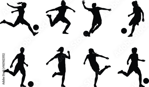 Silhouettes of boys and girls playing soccer, kicking ball, running with ball, youth sports, outdoor football, athletic movement, active kids.