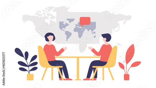 People at a table discussing global issues with a world map and speech bubble in the background