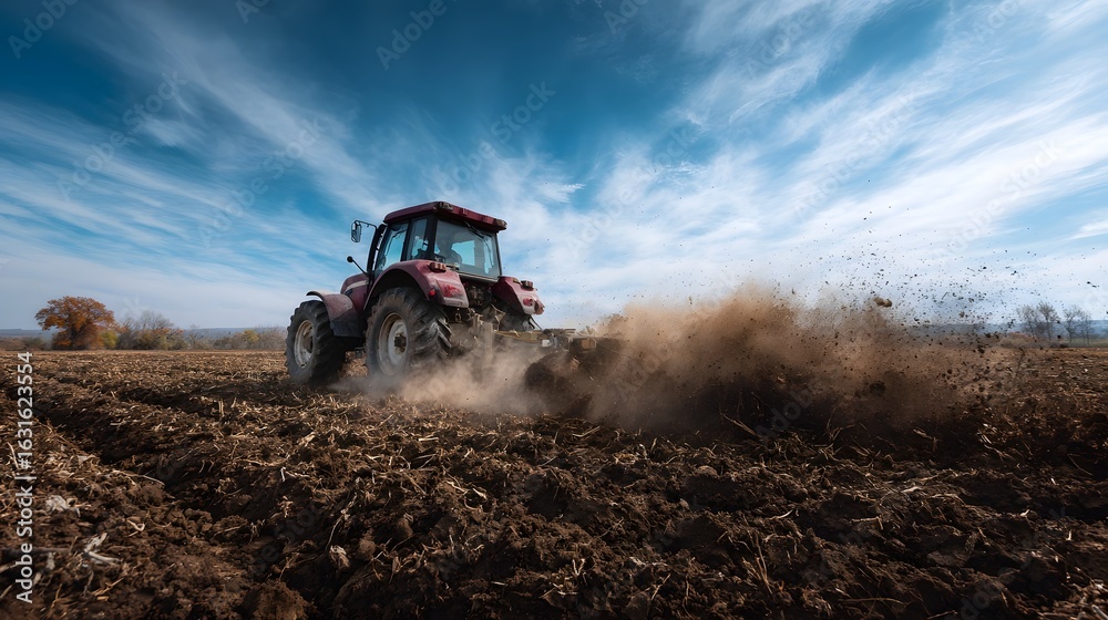 Naklejka premium Tractor plowing farmland under a clear blue sky