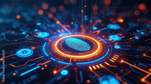 Futuristic digital fingerprint security system with glowing circuits