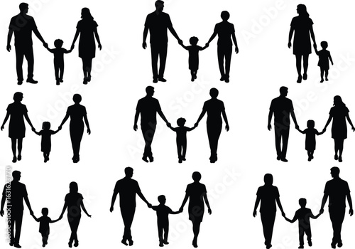 Silhouettes of families holding hands with children, loving parents, family unity, walking together, parent-child bond, togetherness, happy family moments