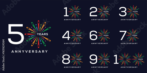 set bundle of 10 to 100th anniversary logo design, with colorful fireworks for celebration event wedding and birthday vector template