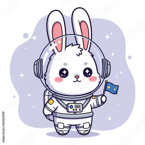 Adorable chibi white rabbit astronaut with a glass helmet holding a small blue flag.