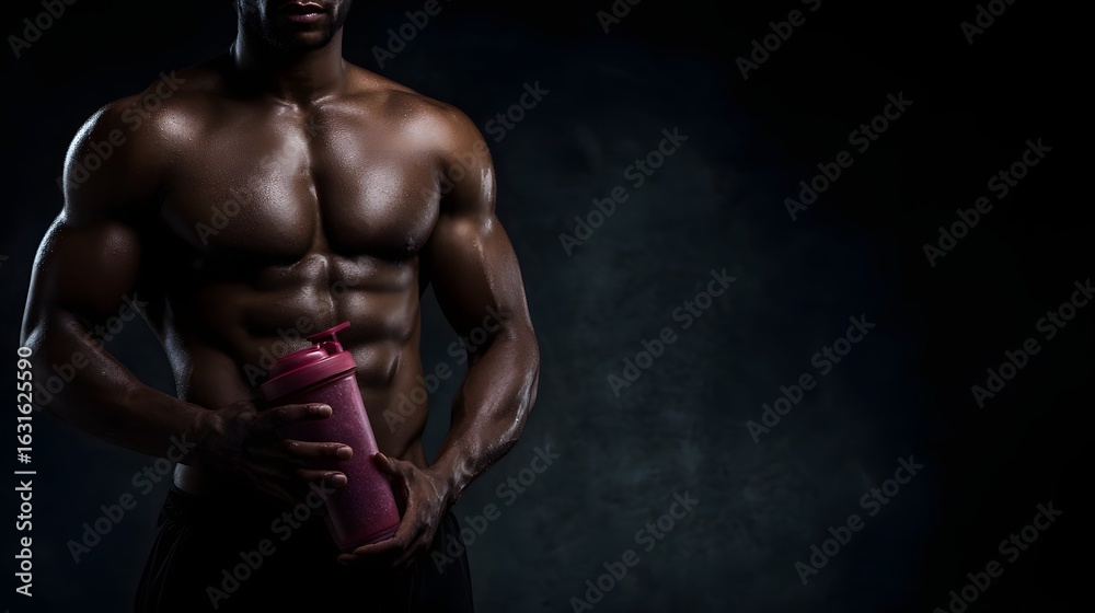 Naklejka premium Muscular bodybuilder holding a protein shake bottle after an intense workout