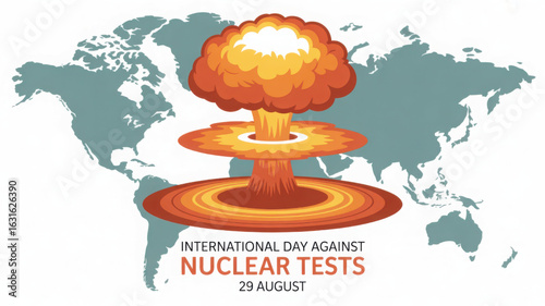 International Day Against Nuclear Tests illustration with mushroom cloud, global map, and awareness message on dramatic themed backdrop