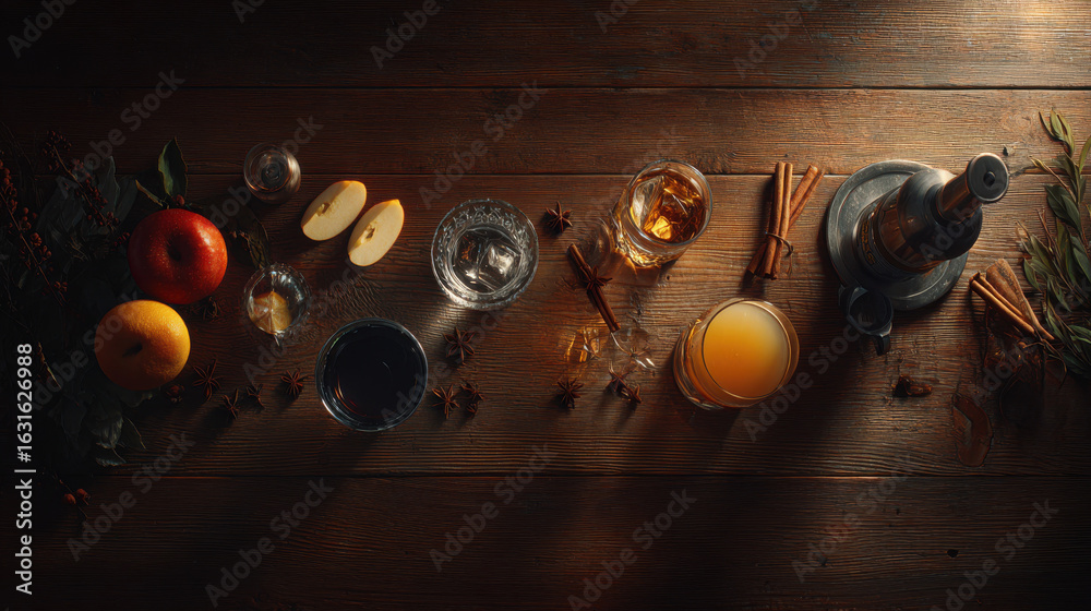 Naklejka premium A stylish array of cocktails and ingredients, perfect for a summer gathering.