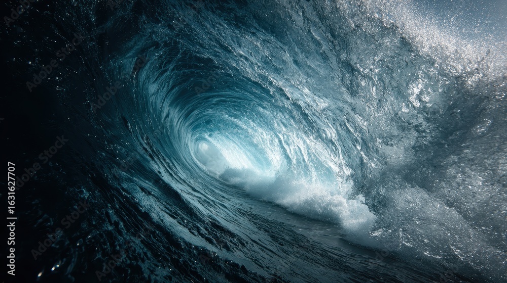 Fototapeta premium Ocean wave barrel, underwater view, sunlight, background, surfing