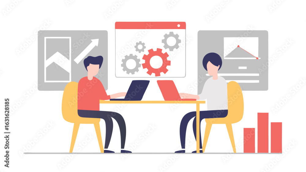 Obraz premium Two people working on laptops at a table with charts and gears on the screen background scene