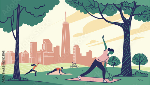 People doing yoga in a park with a city skyline and trees on a sunny day in a peaceful atmosphere