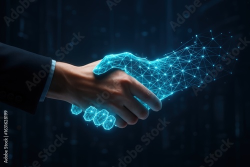 Digital Handshake Between Human and Technology in Futuristic Style