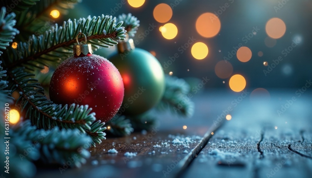 Obraz premium Frosted pine needles, sparkling lights, hanging baubles, wallpaper, snow