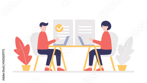 Two people working on laptops at a desk with plants and documents in a bright and modern office space