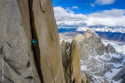 Expert climber ascends sheer rock face in stunning mountain landscape on a sunny day
