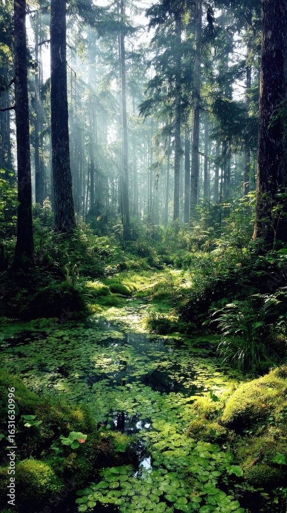 Obraz premium Misty forest path, sunlight filtering through trees (1)