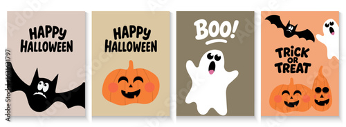 Happy halloween party invitation cards, banner and poster with spooky pumpkins, cute ghost. Holidays cartoon character. halloween funny creepy characters.  for Advertising, Web, Social Media, Template