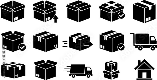 black and white vector graphics of various shipping boxes