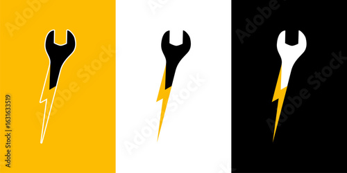 Wrench and lightning bolt logo in three styles