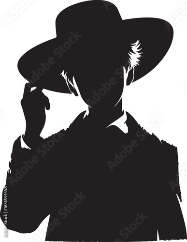 A stylized black and white silhouette of a person wearing a large-brimmed hat, adjusting it with one hand, features a simplified yet elegant design, suggesting a mysterious or fashionable persona.