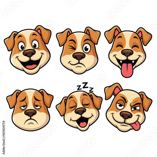 A set of six expressive cartoon dog head mascots showing various emotions like happiness sadness and sleepiness.