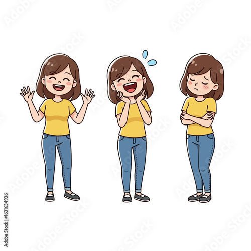 Cute cartoon girl character set with brown hair showing happy excited and sad emotions and poses.