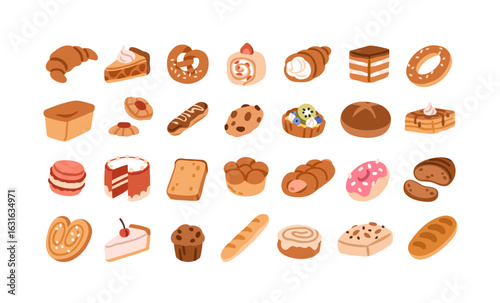 Bakery and pastry icons set. Patisserie assortment. Croissant, pie, cake, roll, bun and cookie. Muffin, bread, baguette, biscuit and cheesecake. Flat vector illustration isolated on white background