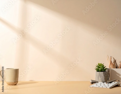 Neutral-Toned Workspace With Ceramic Mug A Small Plant Wireless Keyboard and Soft Window Light