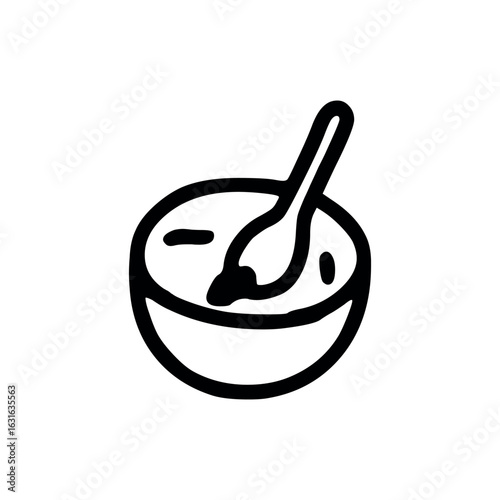 A simple line drawing of a bowl filled with liquid and a spoon resting inside, black and white art